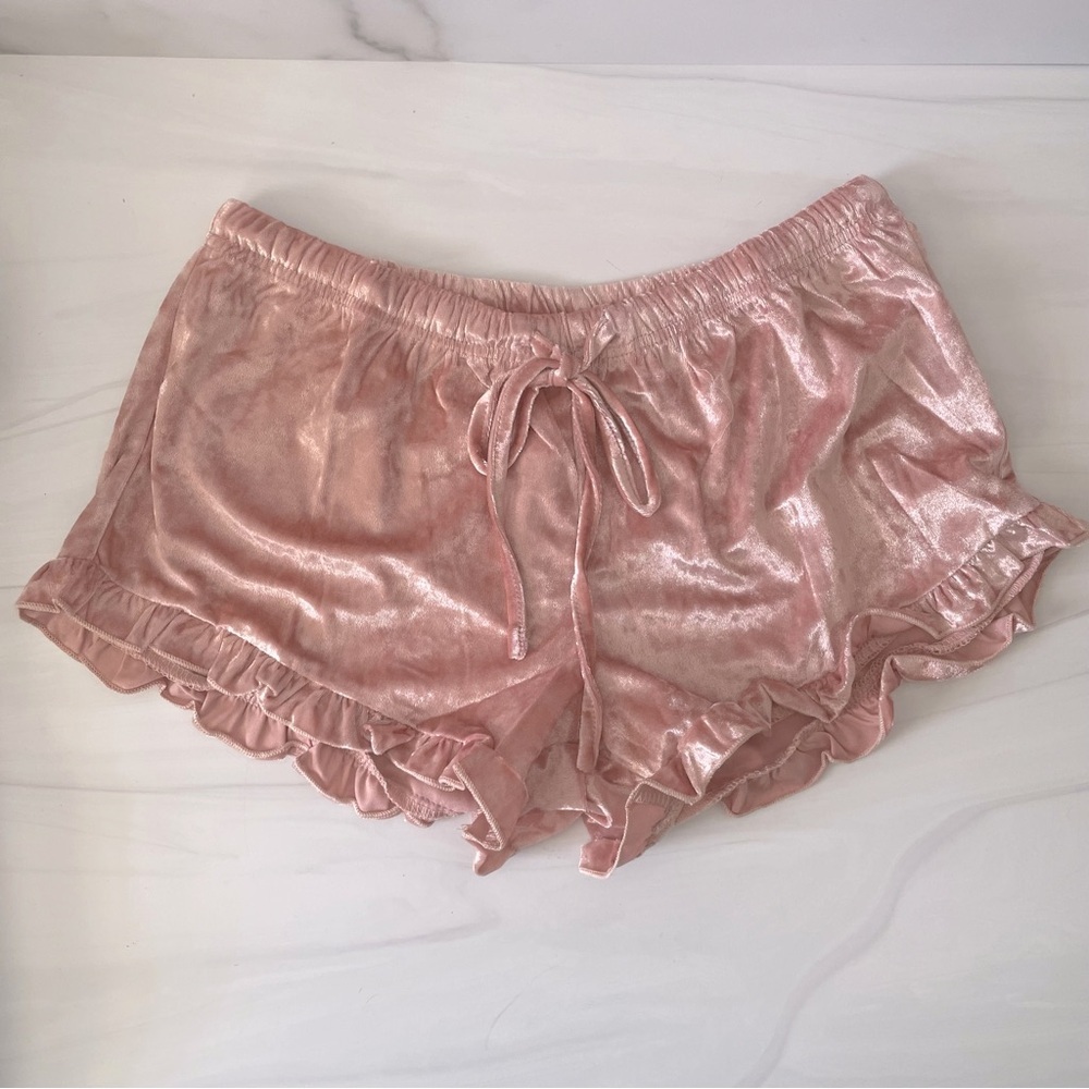 POL Crushed Velvet Ruffle Tie Waistband Shortie Shorts- Pink- Size Small- NWOT